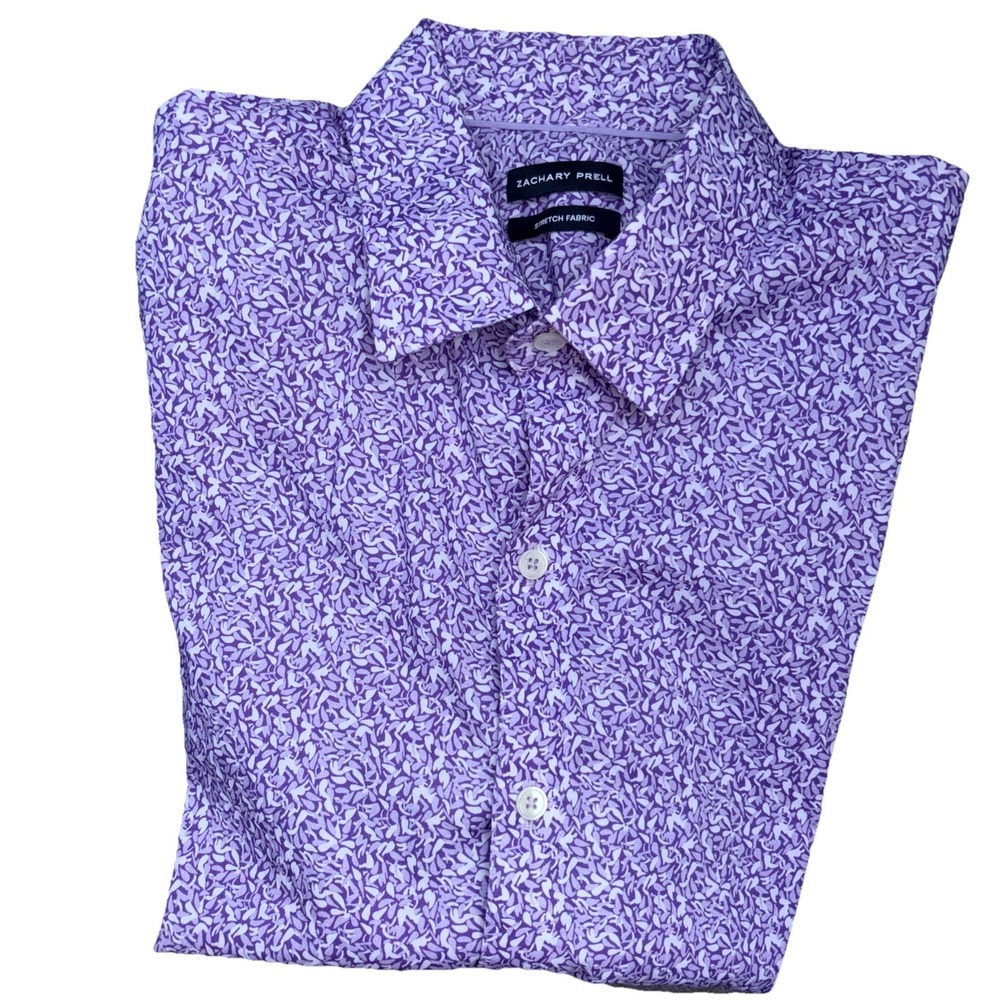 Zachary Prell Dress Shirt Mens Medium Short Sleeve Purple Geometric Button Down